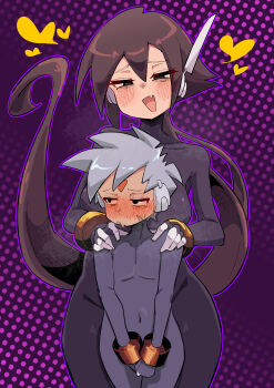 1boy 1girl absurdres age_difference aile_(mega_man_zx) black_bodysuit black_eyes blush bodysuit breasts brown_hair buzzlyears grey_(mega_man) grey_hair heart highres large_breasts long_hair mega_man_(series) mega_man_zx mega_man_zx_advent onee-shota polka_dot polka_dot_background ponytail purple_background robot_ears short_hair simple_background