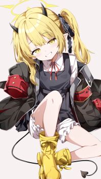 1girl blonde_hair bloomers blue_archive commentary_request demon_horns demon_tail dress grin halo highres horns ibuki_(blue_archive) paid_reward_available pinafore_dress sabana shirt simple_background sleeveless sleeveless_dress sleeves_past_fingers sleeves_past_wrists smile solo tail teeth underwear white_bloomers white_shirt yellow_eyes yellow_halo