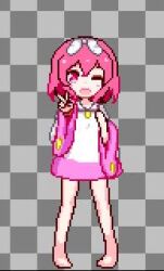 1girl animated barefoot bouncing cleft_of_venus dress female_focus full_body happy hinainf jewelry jumping loli looking_at_viewer lowres necklace no_panties one_eye_closed open_mouth pink_eyes pink_hair pixel_art pussy short_hair solo standing tagme uncensored upskirt usagi_and_the_dream_island v video wink