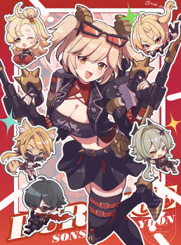 Rule 34 | 1boy, 5girls, absurdres, animal ears, artist name, belt, belt buckle, black-framed eyewear, black belt, black hair, black jacket, black mask, black skirt, black thighhighs, blonde hair, border, breasts, buckle, burnice white, caesar king (zenless zone zero), cat ears, cat girl, cat tail, character name, chibi, chibi inset, cleavage, commentary request, dual wielding, eyewear on head, flamethrower, foot out of frame, green hair, highres, holding, holding flamethrower, holding weapon, jacket, large breasts, lighter (zenless zone zero), looking at viewer, luciana de montefio, lying, mask, medium hair, midriff, mouth mask, multiple girls, norimaki (nrmk norinori), on stomach, one eye closed, open mouth, orange eyes, outline, outside border, piper wheel, pulchra fellini, red-tinted eyewear, red belt, red border, red scarf, scarf, skirt, smile, solo focus, sons of calydon (zenless zone zero), spiked belt, spiked jacket, standing, standing on one leg, sunglasses, tail, the pose, thigh belt, thigh strap, thighhighs, tinted eyewear, twintails, twitter username, weapon, white outline, zenless zone zero, zettai ryouiki