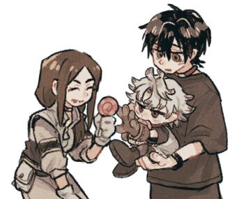 Rule 34 | 1girl, 2boys, aged down, black boots, black hair, black shirt, boots, brown hair, candy, choker, closed eyes, follo tunito, food, gachiakuta, gloves, grey gloves, grey jacket, grey pants, holding, holding candy, holding food, holding lollipop, jacket, kunni, lollipop, long hair, low ponytail, multiple boys, open mouth, pants, ponytail, red choker, red eyes, rudo surebrec, shirt, short sleeves, simple background, smile, tomme mima, white background, white hair