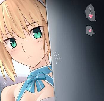 1girl artoria_caster_(fate) artoria_caster_(swimsuit_berserker)_(second_ascension)_(fate) artoria_pendragon_(fate) besmiled blonde_hair blue_bow bow breasts cleavage closed_mouth commentary_request fate/grand_order fate_(series) green_eyes hair_between_eyes heart highres indoors looking_at_viewer motion_lines peeking sidelocks small_breasts spoken_heart sweatdrop