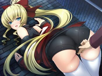 1boy 1girl against_wall ass bare_shoulders bent_over black_shorts black_sleeves black_sweater blonde_hair blue_eyes blush bow breasts casual cowboy_shot detached_sleeves dutch_angle fingering fingering_through_clothes floating_hair from_behind game_cg hair_between_eyes hair_bow hetero high_ponytail inoino jacket kouyoku_senki_exs-tia large_breasts large_variant_set long_hair long_sleeves looking_at_viewer looking_back night non-web_source off_shoulder official_art open_clothes open_jacket open_mouth outdoors ponytail red_bow red_jacket ribbed_sweater rieszverne_suzette_paladill short_shorts shorts sidelocks sleeveless sleeveless_sweater sleeveless_turtleneck sleeves_past_wrists smile solo_focus standing sweater thigh_gap thighhighs through_clothes turtleneck turtleneck_sweater variant_set very_long_hair white_thighhighs