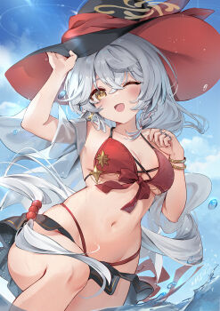 1girl alternate_costume bikini black_hat blue_archive blue_sky breasts cleavage cloud commentary crossed_bangs eri_(blue_archive) floating_hair grey_hair hair_between_eyes hat highres kita_(kitairoha) long_hair looking_at_viewer navel one_eye_closed open_mouth outdoors sky smile solo stomach swimsuit very_long_hair witch_hat yellow_eyes