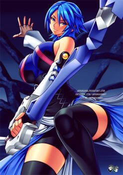 Rule 34 | 1girl, 2020, alternate breast size (larger), aqua (kingdom hearts), arm up, artist name, bare shoulders, bike shorts, black thighhighs, blue eyes, blue hair, breasts, clenched hand, commentary, commission, covered navel, criss-cross straps, detached sleeves, dynamic pose, english commentary, feet out of frame, female focus, fingerless gloves, foreshortening, furrowed brow, gloves, halftone, high collar, holding, holding sword, holding weapon, jadenkaiba, keyblade, kingdom hearts, large breasts, leg up, looking at viewer, night, night sky, open hand, parted lips, skindentation, sky, sleeveless, smile, solo, sword, thick thighs, thighhighs, thighs, v-shaped eyebrows, weapon