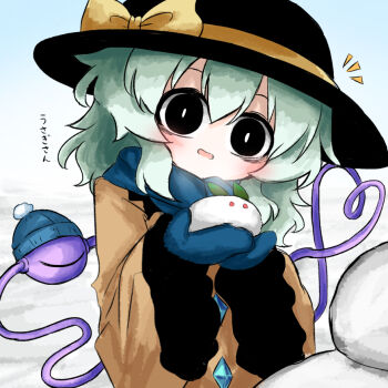 Rule 34 | 1girl, bags under eyes, beanie, black eyes, black hat, blue gloves, blue scarf, bow, buttons, commentary request, diamond button, eyeball, frilled shirt collar, frilled sleeves, frills, gloves, green hair, hat, hat bow, hat ribbon, heart, heart of string, heripantomorrow, holding, holding snowball, komeiji koishi, ribbon, scarf, shirt, snow, snow rabbit, snowball, snowman, third eye, touhou, white background, wide sleeves, winter clothes, yellow bow, yellow ribbon, yellow shirt