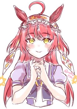 Rule 34 | 1girl, ahoge, animal ears, closed mouth, collarbone, commentary request, hair between eyes, hair ornament, highres, horse ears, horse girl, long hair, looking at viewer, namatyoco, own hands clasped, own hands together, portrait, red desire (umamusume), red hair, school uniform, smile, solo, twitter username, umamusume, white background, yellow eyes