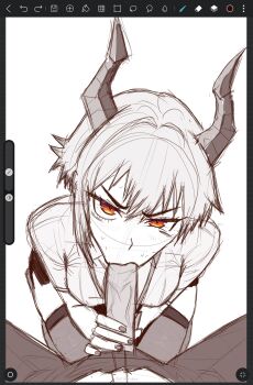 1boy 1girl absurdres ass breasts fellatio highres horns huge_ass large_breasts oral original penis shirt short_hair thick_thighs thighs tsuicaa wide_hips