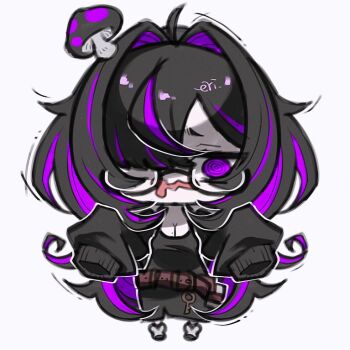 Rule 34 | 1girl, @ @, ahoge, bags under eyes, belt, black-framed eyewear, black cardigan, black hair, breasts, cardigan, chibi, cleavage, colored inner hair, commentary request, dress, drooling cum, eri fund c, full body, glasses, goddess of victory: nikke, hair intakes, label (nikke), long sleeves, mole, mole on breast, multicolored hair, mushroom on head, purple eyes, purple hair, purple highlights, semi-rimless eyewear, sleeves past fingers, sleeves past wrists, solo, taut clothes, taut dress, white background