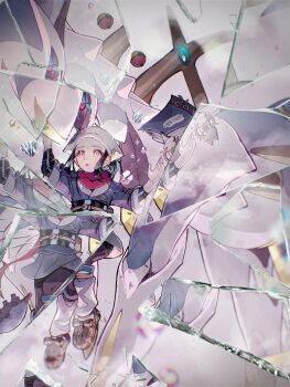 1girl :o akari_(pokemon) arceus black_hair black_pantyhose black_sash blue_jacket blue_skirt broken_glass brown_footwear galaxy_expedition_team_survey_corps_uniform gen_4_pokemon glass headscarf highres hisuian_poke_ball jacket layered_legwear legendary_pokemon long_hair loose_socks miniskirt mythical_pokemon nintendo open_mouth p0ke_a0210 pantyhose poke_ball pokemon pokemon_(creature) pokemon_legends:_arceus red_scarf sash scarf skirt socks white_eyes white_headscarf white_socks