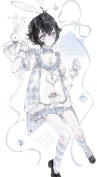 1girl absurdres animal_ears black_hair black_shoes blue_bow blue_ribbon bow bowtie cake dress food frills full_body gloves grey_eyes hair_between_eyes heilanshuimuchu highres kneehighs original puffy_short_sleeves puffy_sleeves rabbit rabbit_ears ribbon shoes short_hair short_sleeves simple_background socks solo striped_clothes striped_socks striped_thighhighs stuffed_animal stuffed_rabbit stuffed_toy thighhighs white_background white_dress white_gloves wrist_cuffs