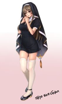 Rule 34 | 1girl, black dress, breasts, brown hair, cross, dress, full body, large breasts, lips, long hair, long legs, masami chie, nun, official art, original, puffy short sleeves, puffy sleeves, short sleeves, solo, thighhighs, tokyo exe girls, white thighhighs