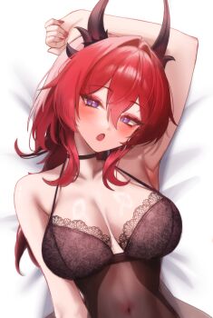 1girl :o absurdres arknights arknights:_endfield babydoll black_babydoll black_choker black_horns breasts choker commentary covered_navel demon_girl demon_horns hair_intakes highres horns laevatain_(arknights) large_breasts looking_at_viewer lying maviss_03 on_back paid_reward_available purple_eyes red_eyes solo surtr_(arknights)