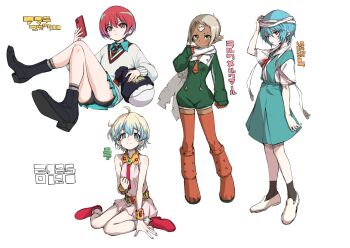 Rule 34 | + +, 4girls, absurdres, amate yuzuriha, aqua skirt, ayanami rei, bare shoulders, black panties, blue eyes, blue hair, boots, boyshort panties, cellphone, collared shirt, commentary request, crossed legs, dark-skinned female, dark skin, dress, earrings, expressionless, facial mark, flat chest, forehead mark, full body, grey hair, gundam, gundam gquuuuuux, hamao, haro, highres, holding, holding phone, jewelry, lal'c mellk mal, light smile, looking at viewer, miniskirt, multiple girls, necktie, neon genesis evangelion, nia teppelin, panties, phone, red eyes, red hair, scarf, school uniform, shirt, short dress, short hair, sitting, sketch, skirt, smartphone, stud earrings, sweater, tengen toppa gurren lagann, thigh boots, tokyo-3 middle school uniform, top wo nerae! (series), top wo nerae 2!, underwear, white hair, yellow eyes