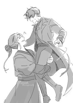 1boy 1girl absurdres closed_eyes coat criteria full_body greyscale grin hair_bun height_difference highres lifting_person monochrome motion_lines namgung_minyoung notice_lines omniscient_reader&#039;s_viewpoint outstretched_arm robe short_hair sidelocks smile sweatdrop teacher_and_student yoo_joonghyuk