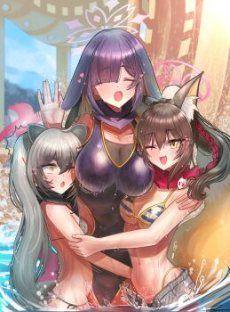 3girls absurdres alternate_costume animal_ear_fluff animal_ears bikini black_scarf blue_archive denim denim_shorts eyeshadow fox_ears fox_girl fox_tail grey_hair hair_ornament hair_over_one_eye halo highleg highleg_bikini highres hug izuna_(blue_archive) izuna_(swimsuit)_(blue_archive) long_hair lop_rabbit_ears makeup michiru_(blue_archive) micro_shorts multiple_girls ninja ninjutsu_research_club_(blue_archive) official_alternate_costume one_eye_closed partially_submerged pink_eyeshadow pink_halo pom_pom_(clothes) pom_pom_hair_ornament purple_halo purple_scarf rabbit_ears rabbit_girl raccoon_ears raccoon_girl raccoon_hair_ornament red_scarf scarf shorts solharuu striped_bikini striped_clothes swimsuit tail tsukuyo_(blue_archive) twintails waving