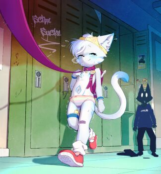 1girl 1other aas_(pixiv_3382255) animal_ear_fluff animal_ears animal_nose backpack bag bandaid bandaid_on_knee bandaid_on_leg belt_collar blue_eyes blush body_fur body_markings breath closed_mouth collar commentary english_commentary facial_mark flat_chest flute furry furry_female graffiti half-closed_eyes hand_up highres indoors instrument leash locker loose_socks multicolored_panties navel nipples object_on_head original panties panties_on_head paw_print_soles print_panties public_indecency purple_bag purple_collar randoseru recorder red_shoes remote_control_vibrator school school_bag sex_toy shoes short_hair signature smile socks sweat tail tail_raised thigh_strap topless_female trembling underwear underwear_only vibrator vibrator_in_thigh_strap walking wavy_mouth whisker_markings white_fur white_hair white_socks wristband ych_commission yellow_panties