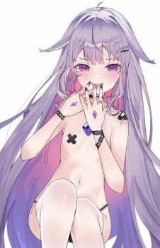 1girl absurdres bandaid bandaid_on_shoulder bandaids_on_nipples bikini bikini_bottom_only black_bikini black_nails breasts castellayaki chest_jewel colored_inner_hair cracked_skin cross cross_pasties flat_chest gem gradient_hair grey_hair highres hololive hololive_english jewel_under_eye koseki_bijou long_hair looking_at_viewer multicolored_hair nail_polish navel open_mouth pasties pink_hair purple_eyes purple_gemstone purple_hair purple_nails simple_background small_breasts smile solo swimsuit thighhighs very_long_hair virtual_youtuber white_background