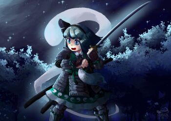 1girl absurdres armor black_hairband black_ribbon hair_ribbon hairband highres hitodama japanese_armor katana konpaku_youmu konpaku_youmu_(ghost) kote kusazuri open_mouth ribbon scabbard sheath short_hair shoulder_armor sode souperior suneate sword touhou weapon