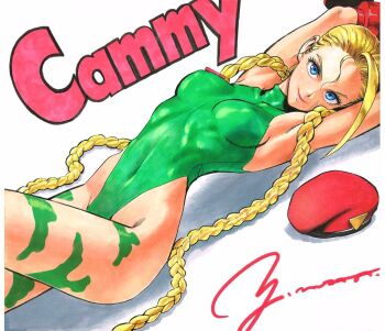 1girl beret blonde_hair blue_eyes breasts cammy_white capcom character_name female_focus gauntlets gloves green_leotard hat highleg highleg_leotard leotard medium_breasts murata_yuusuke official_art red_gloves red_hat solo street_fighter street_fighter_ii_(series) thighs unworn_hat unworn_headwear