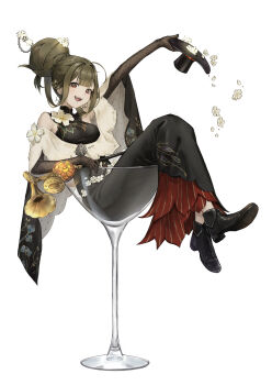 1girl :d absurdres ankle_boots arm_up bare_shoulders black_boots black_dress black_gloves boots brown_hair cane cocktail_glass cup dress drinking_glass elbow_gloves flower fold-over_boots from_side full_body gloves hair_bun hair_flower hair_ornament hat highres hobble_dress holding holding_cane holding_unworn_clothes holding_unworn_hat huge_hair_bun in_container in_cup liqing_(xinyue_tongxing) long_dress looking_at_viewer mini_hat mini_top_hat open_mouth oversized_object poe_(528yuzunon) red_eyes shawl short_hair single_side_bun sleeveless sleeveless_dress smile solo teeth top_hat unworn_hat unworn_headwear upper_teeth_only white_background white_flower white_shawl xinyue_tongxing