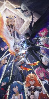 2boys 6+girls absurdres augusta_(wuthering_waves) bare_shoulders black_gloves black_hair black_horns black_jacket black_pants blonde_hair blue_eyes blue_hair bra brant_(wuthering_waves) breasts cantarella_(wuthering_waves) carlotta_(wuthering_waves) cartethyia_(wuthering_waves) ciaccona_(wuthering_waves) commentary cropped_jacket crown_of_thorns curled_horns english_commentary everyone fins galbrena_(wuthering_waves) gloves grey_hair grey_shirt hairband hat head_fins headgear highres holding holding_sword holding_weapon horns huge_breasts iuno_(wuthering_waves) jacket laurel_crown leviathan_(wuthering_waves) long_hair long_horns looking_at_viewer lupa_(wuthering_waves) male_rover_(wuthering_waves) metal_hairband morted_art multiple_boys multiple_girls navel orange_hair own_hands_clasped own_hands_together pants parted_bangs phoebe_(wuthering_waves) pink_hair pointy_ears purple_hair red_hair roccia_(wuthering_waves) rover_(wuthering_waves) shirt shorts sidelocks signature single_horn single_wing stomach sword tacet_mark_(wuthering_waves) thigh_strap thighhighs thighs tricorne underwear weapon white_bra white_hair white_hat white_jacket white_shorts white_thighhighs white_wings wings wuthering_waves zani_(wuthering_waves)