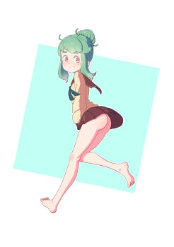 Rule 34 | 1girl, absurdres, ass, barefoot, blush, feet, female focus, full body, green hair, grin, highres, leims (urje8584), long hair, looking at viewer, no panties, original, red eyes, school uniform, serafuku, simple background, skirt, smile, soles, solo, toes