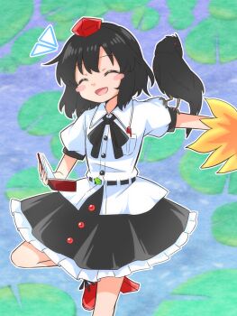 1girl ^_^ animal_on_arm bird bird_on_arm black_bird black_bow black_bowtie black_hair black_skirt blush_stickers bow bowtie closed_eyes collared_shirt commentary_request crow frilled_skirt frills geta hat hauchiwa highres holding holding_notebook leg_up lily_pad medium_hair notebook open_mouth puffy_short_sleeves puffy_sleeves red_hat red_shoes scar scar_on_face shameimaru_aya shirt shoes short_sleeves skirt smile solo tengu-geta tokin_hat touhou white_shirt yakousei_no_kame