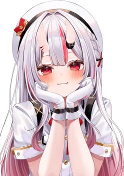 1girl :3 beret braid center-flap_bangs collared_shirt commentary fang gloves gradient_hair grey_hair hair_between_horns half_up_braid hands_on_own_chin hands_up hat highres hololive horns long_hair looking_at_viewer multicolored_hair nakiri_ayame nakiri_ayame_(9th_costume) neck_ribbon official_alternate_costume official_alternate_hairstyle ohagetty oni red_eyes red_hair red_ribbon ribbon shirt short_sleeves simple_background skin-covered_horns solo straight-on streaked_hair symbol-only_commentary upper_body virtual_youtuber white_background white_gloves white_hat white_shirt