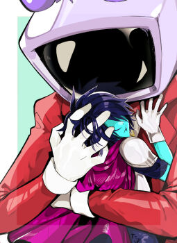 1boy 1other ant_tenna armor black_hair blue_skin cape cheek_press colored_skin crt deltarune gloves hand_on_another&#039;s_head hashtag-only_commentary hug jacket kris_(dark_world)_(deltarune) kris_(deltarune) object_head other_with_male partially_shaded_face pink_cape red_jacket short_hair tabasc0de upper_body utdr_(toby_fox) white_gloves