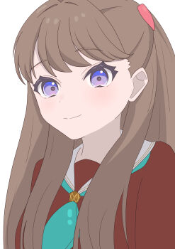 1girl absurdres aqua_neckerchief brown_dress brown_hair closed_mouth commentary_request dress fujishima_megumi hasu_no_sora_school_uniform hasutousan highres link!_like!_love_live! long_hair long_sleeves looking_at_viewer love_live! neckerchief purple_eyes sailor_collar sailor_dress school_uniform smile solo split_mouth two_side_up virtual_youtuber white_sailor_collar winter_uniform