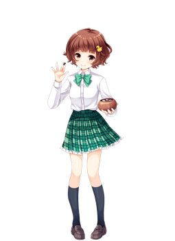 1girl bird_hair_ornament black_socks board_game bow bowtie brown_eyes brown_hair brown_shoes closed_mouth fukita_ibuki full_body girlfriend_(kari) go_(board_game) green_bow green_bowtie green_skirt hair_ornament holding_go_stone kneehighs knees loafers looking_at_viewer miniskirt official_art plaid_clothes plaid_skirt pleated_skirt qp:flapper school_uniform shirt shoes simple_background skirt smile socks solo standing thighs transparent_background white_shirt