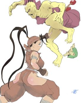 1boy 1girl :o ankle_wrap antenna_hair ass baggy_pants bald bandages bandana barefoot battle black_hair breasts clothing_cutout colored_skin dougi driving duel fighting fighting_stance fingerless_gloves from_side gloves hair_pulled_back high_ponytail highres hip_vent hiroshi_mono ibuki_(street_fighter) jumping large_breasts long_hair multiple_boys ninja no_panties oro_(street_fighter) pants ponytail street_fighter street_fighter_iii_(series) tanuki thighs toe_scrunch topknot turtle very_long_hair