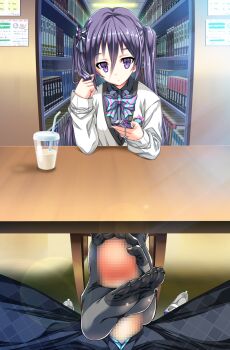 1boy 1girl akaza car censored change!_ano_musume_ni_natte_kunkun_peropero feet footjob footjob_with_legwear hetero highres library may-be_soft mosaic_censoring motor_vehicle multitasking no_shoes on_car pantyhose penis sneaky stealth stealth_sex tanabe_rumia toes under_table