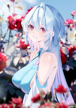 1girl absurdres ahoge armpit_crease bare_back blue_hair breasts detached_sleeves dress flower from_side hair_between_eyes halter_dress halterneck highres large_breasts lina_114 long_hair looking_at_viewer multicolored_hair original outdoors parted_lips pink_hair red_eyes sideboob sidelocks smile solo teeth