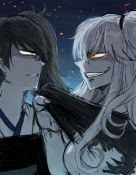 10s 2girls abyssal_ship aircraft_carrier_princess bengara_maru brown_hair japanese_clothes kaga_(kancolle) kantai_collection long_hair multiple_girls pale_skin quality short_hair side_ponytail smile turandot white_hair yellow_eyes