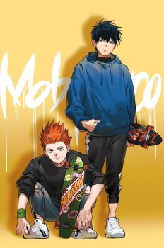 2boys black_hair green_eyes highres kageyama_ritsu male_focus mob_psycho_100 multiple_boys nishita psychic red_hair shirt skateboard sportswear suzuki_shou t-shirt yellow_background