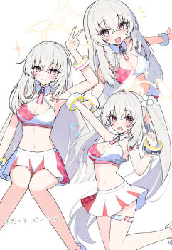 Rule 34 | 1girl, alternate costume, alternate hairstyle, arm up, blue archive, blush, breasts, cleavage, closed mouth, crossed bangs, hair between eyes, highres, large breasts, long hair, looking at viewer, millennium cheerleader outfit (blue archive), navel, open mouth, sakurako (blue archive), sateto (user knrf2332), sidelocks, skirt, smile, solo, sports bra, stomach, thigh strap, twintails, v, white hair, white skirt, white sports bra, wristband