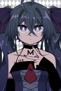 Rule 34 | 1girl, :<, ahoge, argyle background, black choker, blue hair, choker, closed mouth, collarbone, commentary request, diamond-shaped pupils, diamond (shape), grey background, grey eyes, hair between eyes, hatsune miku, highres, long hair, looking at viewer, medibang paint (medium), nail polish, neko 7567, number tattoo, purple eyes, solo, symbol-shaped pupils, tattoo, twintails, v, vocaloid