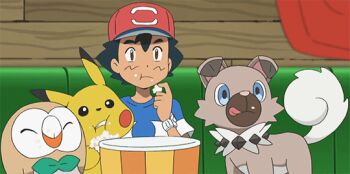 Rule 34 | animated, animated gif, ash ketchum, couch, food, gen 1 pokemon, gen 7 pokemon, nintendo, pikachu, pokemon, pokemon (anime), pokemon (creature), pokemon sm, pokemon sm (anime), popcorn, rockruff, rowlet, screencap
