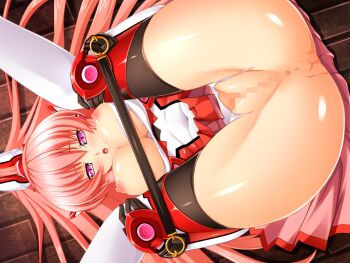 1girl :o anus ass bdsm black_thighhighs blush bondage bound breasts breasts_out censored clothing_aside dutch_angle exs-tia_chevalier exs-tia_chevalier_(exs-tia_2) female_focus folded game_cg gloves indoors inoino kouyoku_senki_exs-tia large_breasts large_variant_set leotard long_hair looking_at_viewer lusterise lying magical_girl mosaic_censoring nipples non-web_source official_art on_back open_mouth pink_eyes pink_hair pink_skirt purple_eyes pussy rieszverne_suzette_paladill shiny_skin skirt solo spreader_bar thighhighs torn_clothes torn_leotard underwear upside-down variant_set very_long_hair