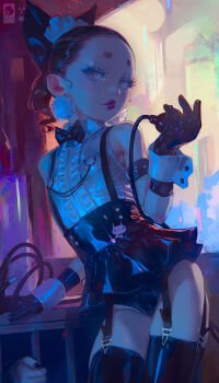 1=2 1girl 1other bare_shoulders bdsm black_hair black_thighhighs commentary covered_erect_nipples earrings english_commentary eyeliner flat_chest garter_straps gloves grey_eyes highres indoors jewelry latex lipstick loli looking_at_viewer makeup mascara mixed-language_commentary nipple_chain nipple_piercing nipple_rings original parted_lips piercing piercing_through_clothes pom_pom_(clothes) pom_pom_earrings ponytail short_hair skirt solo_focus suspender_skirt suspenders thighhighs