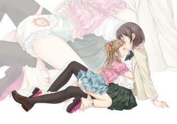 2girls absurdres age_difference ass black_skirt black_thighhighs blue_skirt breast_pillow brown_shoes closed_eyes commentary_request diaper highres hug jacket loli long_hair multiple_girls nozomi_(user_mppn7334) onee-loli original pink_shirt pink_shoes plaid_clothes plaid_skirt ribbon shirt shoes short_hair sitting skirt socks straddling thighhighs thighs two_side_up white_jacket white_shirt white_socks yuri zoom_layer