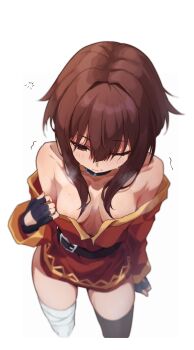 1girl absurdres alternate_breast_size_(larger) bandaged_leg bandages bare_shoulders blush border breasts brown_eyes brown_hair chinese_commentary commentary dress fingerless_gloves gloves hair_between_eyes highres kono_subarashii_sekai_ni_shukufuku_wo! medium_breasts megumin mixed-language_commentary motion_lines off-shoulder_dress off_shoulder one_eye_closed simple_background single_thighhigh solo squeans sweat thighhighs transparent_border white_background yi_zhi_shenmi_de_xijun