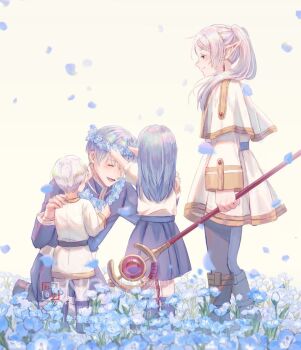 2boys 2girls capelet earrings elf family father_and_daughter father_and_son floating_earrings flower frieren himmel_(sousou_no_frieren) holding holding_staff jewelry mage_staff mother_and_daughter mother_and_son multiple_boys multiple_girls pointy_ears sarasa_kouhaku sousou_no_frieren staff teardrop_earrings twintails white_capelet