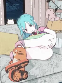 1girl ahoge anal_fingering animated anus aqua_hair ass black_eyes blue_hair boots clothes_pull couch fingering hand_on_own_ass indoors kneehighs loli long_hair looking_at_viewer lying night no_panties on_side original paan pillow presenting_own_body pussy shirt simx smile socks solo spread_ass stuffed_animal stuffed_toy video window zoey_(simx)