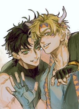 Rule 34 | 2boys, arm around shoulder, battle tendency, blonde hair, bracelet, brown hair, caesar anthonio zeppeli, commentary, facial mark, feathers, fingerless gloves, gloves, green eyes, grin, headband, highres, jewelry, jojo no kimyou na bouken, joseph joestar, joseph joestar (young), looking at viewer, male focus, multiple boys, orn jnsjj, parted bangs, shirt, short hair, short sleeves, sleeveless, sleeveless shirt, smile, symbol-only commentary