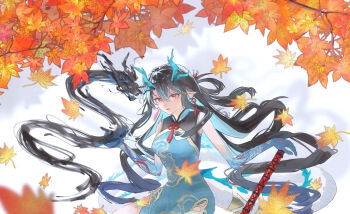 1girl arknights autumn_leaves bare_arms bare_shoulders black_hair blue_dress blue_hair branch china_dress chinese_clothes colored_extremities colored_inner_hair commentary dragon dragon_girl dragon_horns dragon_tail dress dusk_(arknights) dusk_(everything_is_a_miracle)_(arknights) earrings eastern_dragon falling_leaves floating_hair hair_between_eyes highres horns jewelry krgk_sc2 leaf long_hair looking_at_viewer multicolored_hair official_alternate_costume orange_eyes pointy_ears sleeveless sleeveless_dress solo tail tassel tassel_earrings