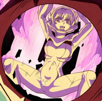 1girl anus_visible_through_clothes ball_(gundam) covered_erect_nipples crying crying_with_eyes_open cunt_punt defeat defeated_villainess dying explosion female_focus freckles gundam gundam_00 helmet imminent_death legs_apart nena_trinity nipples_visible_through_shirt peeing peeing_self peril ryona solo spread_legs tears view_between_legs