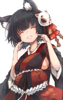 1girl absurdres animal_ear_fluff animal_ears azur_lane black_hair black_kimono black_sash blunt_bangs bob_cut breasts cat_ears cat_mask closed_eyes commentary_request detached_sleeves eyeshadow facing_viewer fang fingers_to_cheeks furisode_sleeves hair_ornament hair_ribbon highres index_finger_raised japanese_clothes kanzashi kimono long_sleeves makeup manaita_obi mask mask_on_head medium_breasts nyucha obi obijime pointing pointing_at_self red_eyeshadow red_sash ribbon rope sash shimenawa short_hair sideboob sideless_kimono simple_background sleeves_rolled_up smile solo underbust upper_body white_background wide_sleeves wispy_bangs yamashiro_(azur_lane)